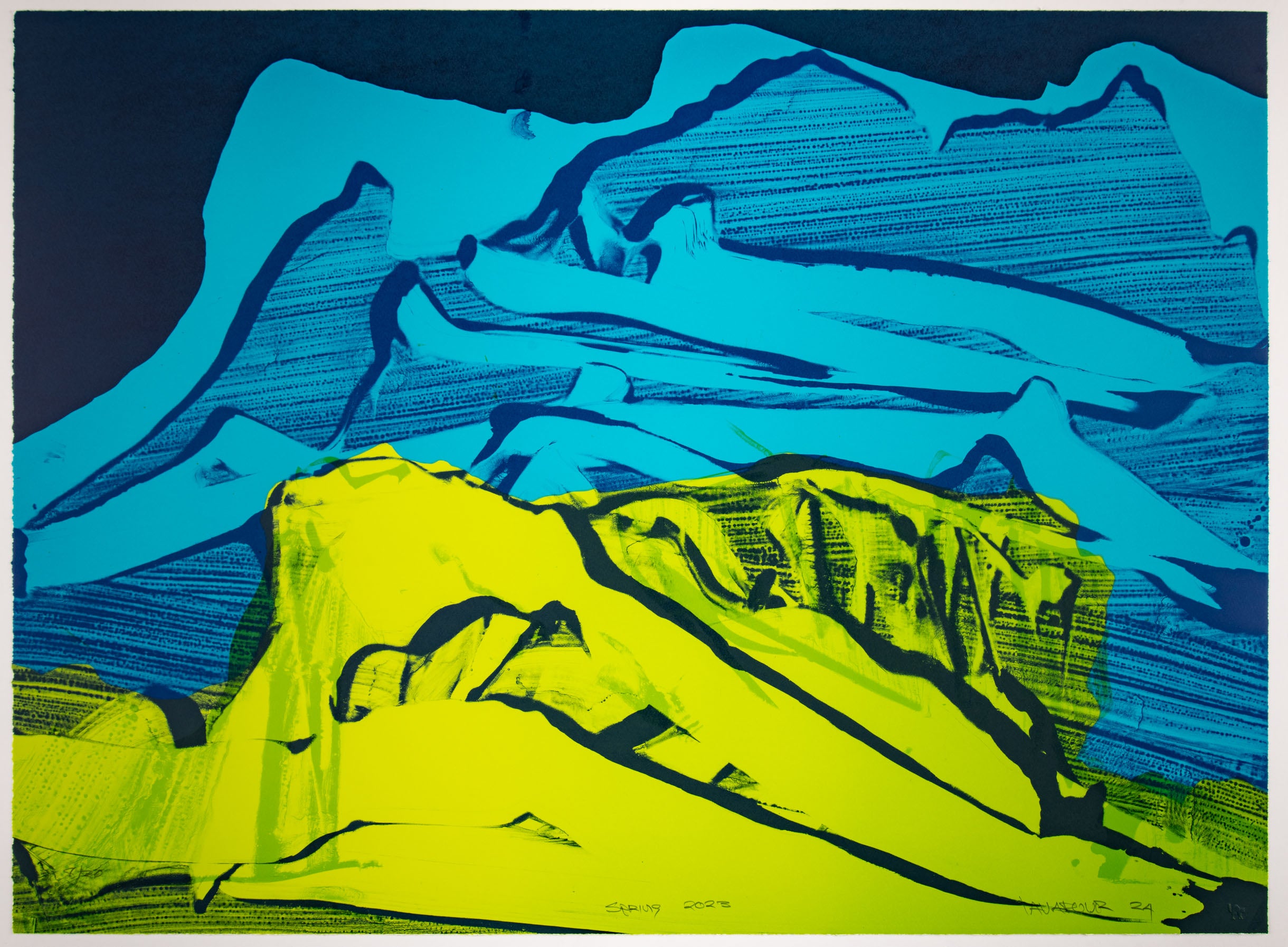 Abstract 0ainting of a mountain in blue and green with a black background