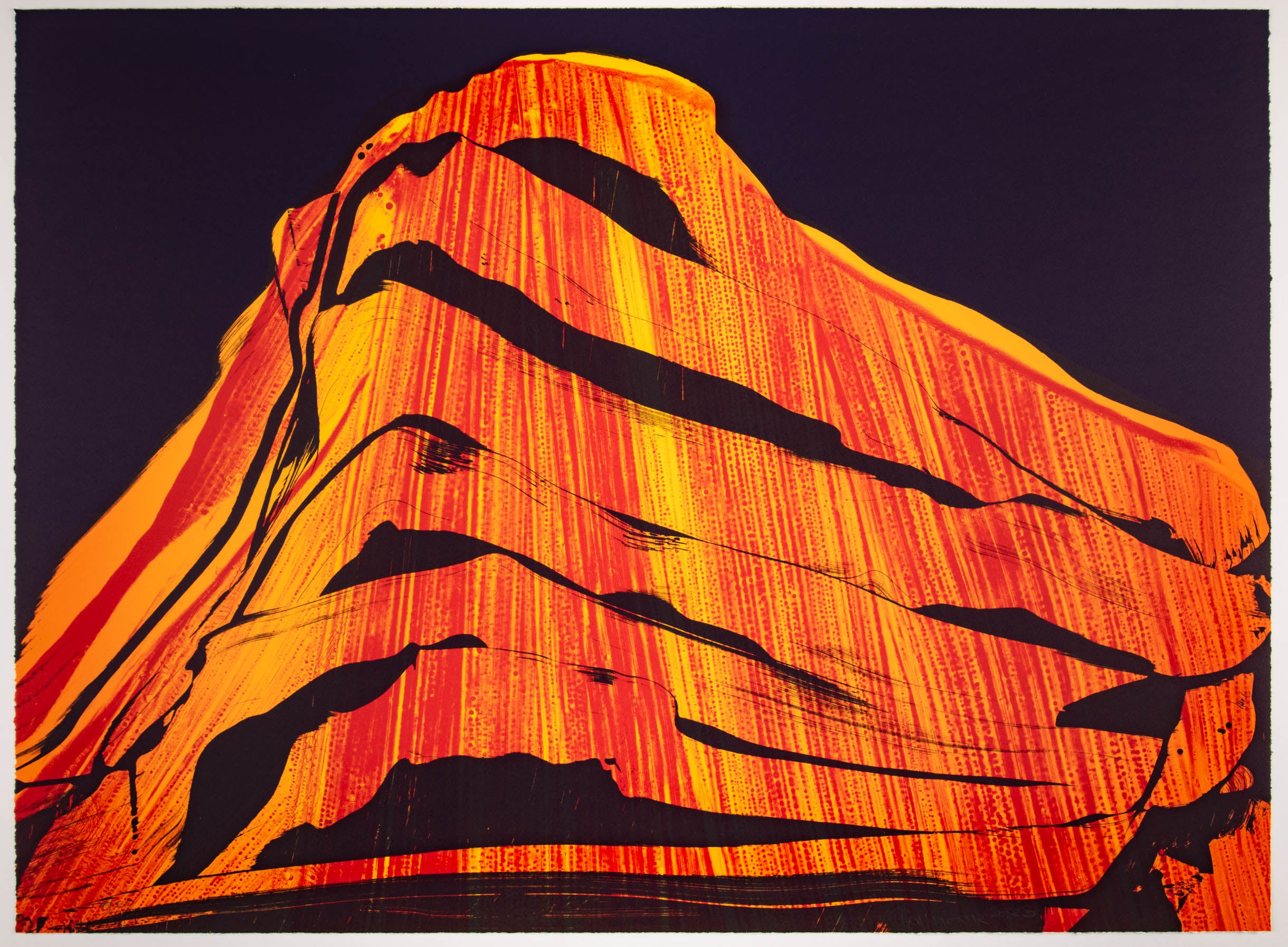 Painting of an abstract mountain in orange with a black background.