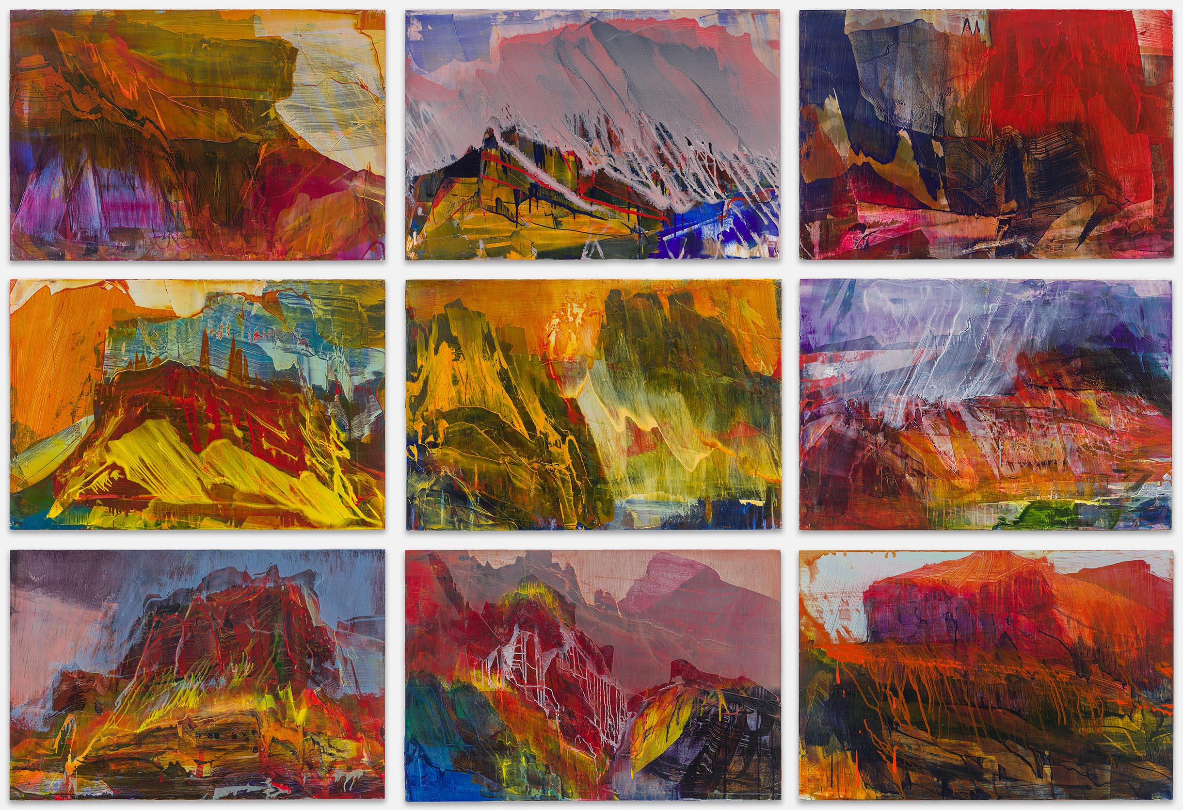 A grid of 9 abstract landscape paintings in reds and yellows.