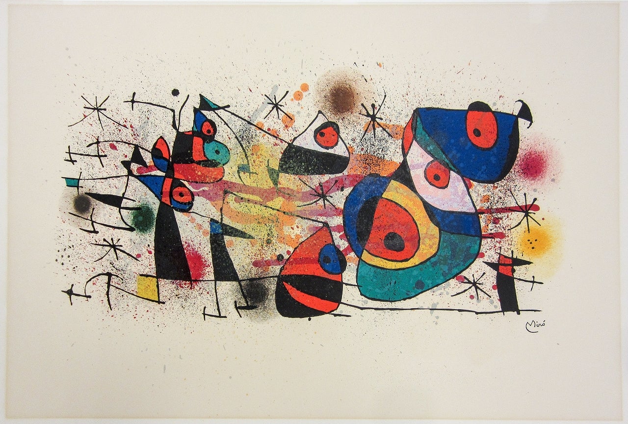 A highly abstract and colorful painting of many lines and color-filled fields.