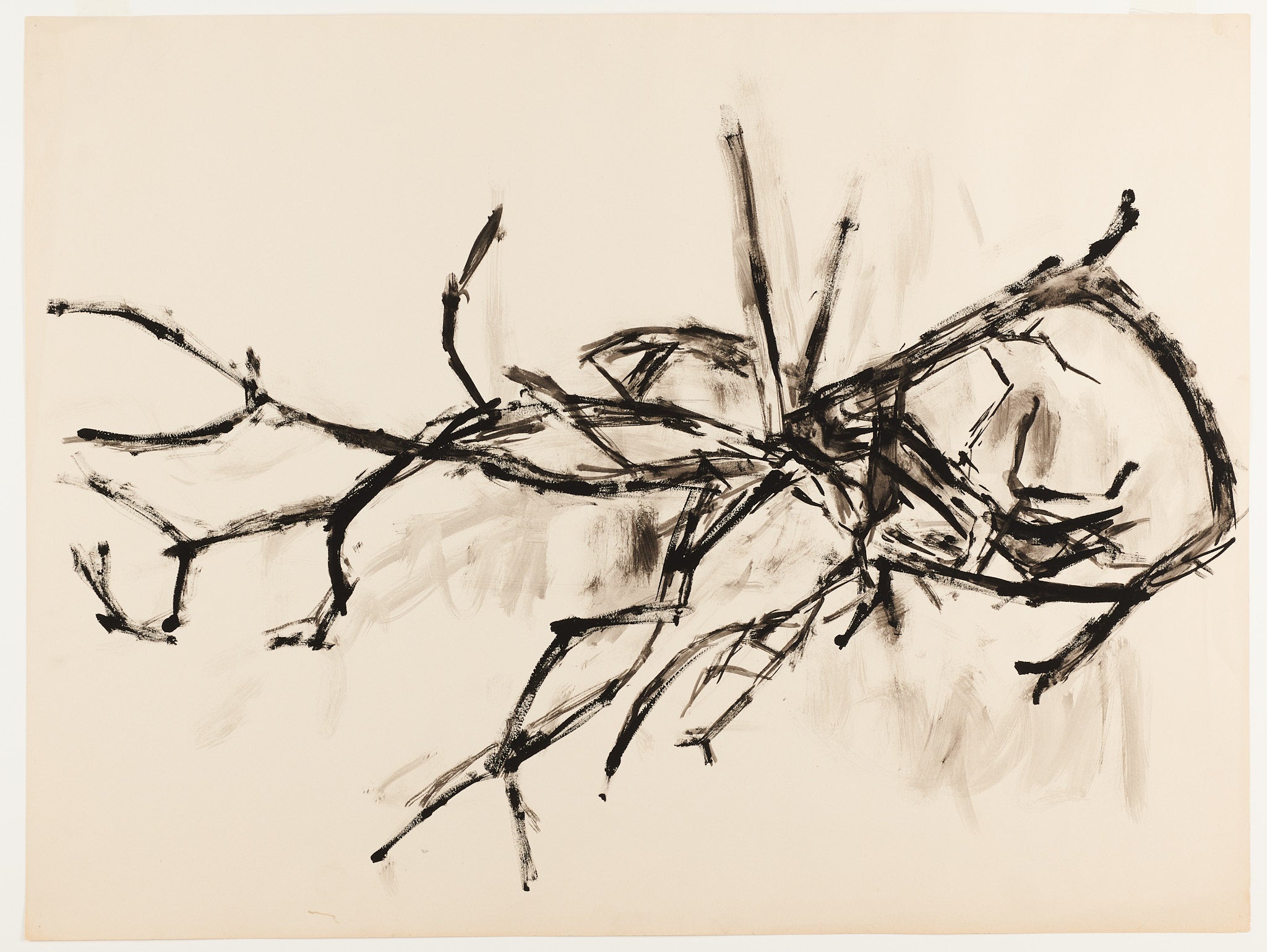 a drawing of a branch in black ink on tan paper