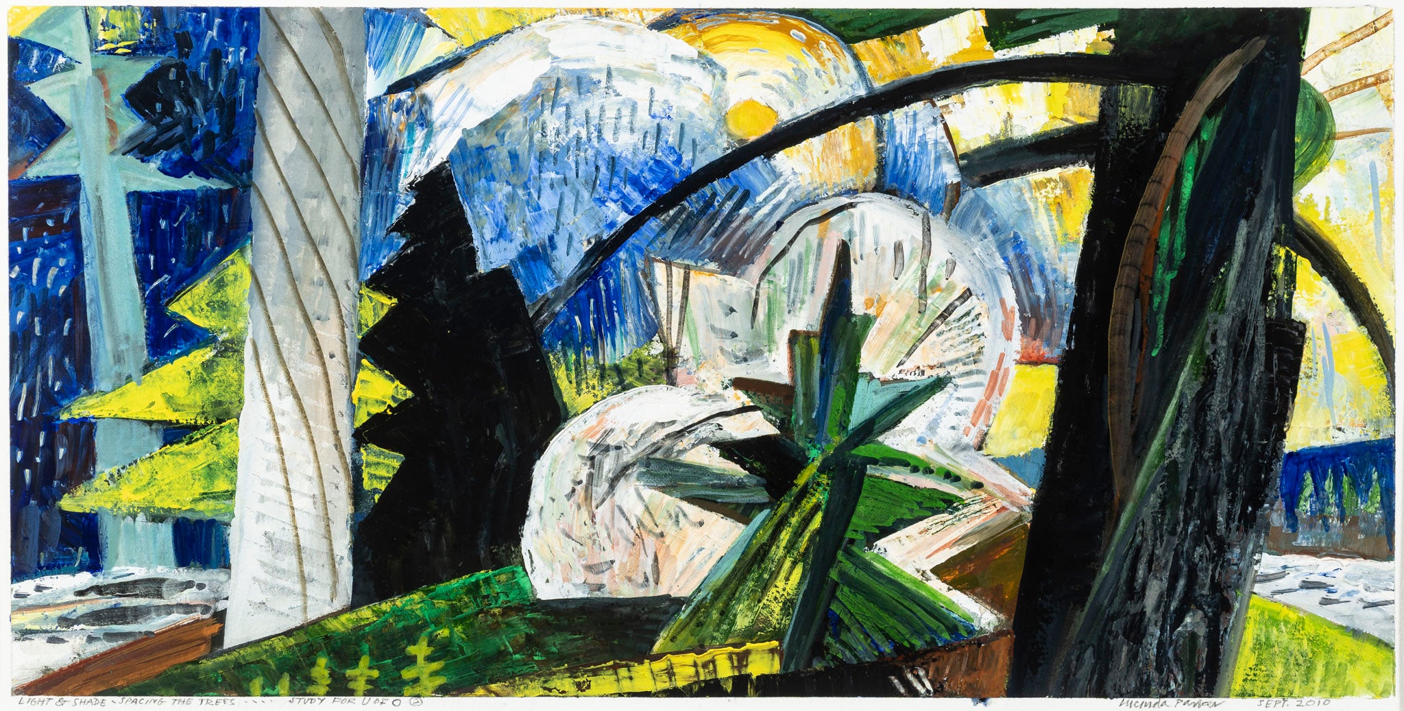 Abstract painting of a forest scene with angular trees and green and yellow dominant. 