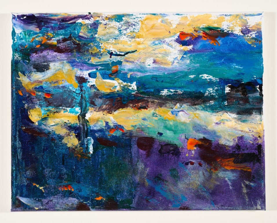  An abstract acrylic painting with thick, textured brushstrokes in shades of blue, teal, purple, and yellow. There are small highlights of bright orange. The colors are layered and blended, with some areas showing a dark blue underpainting. The overall composition is dynamic and full of movement.