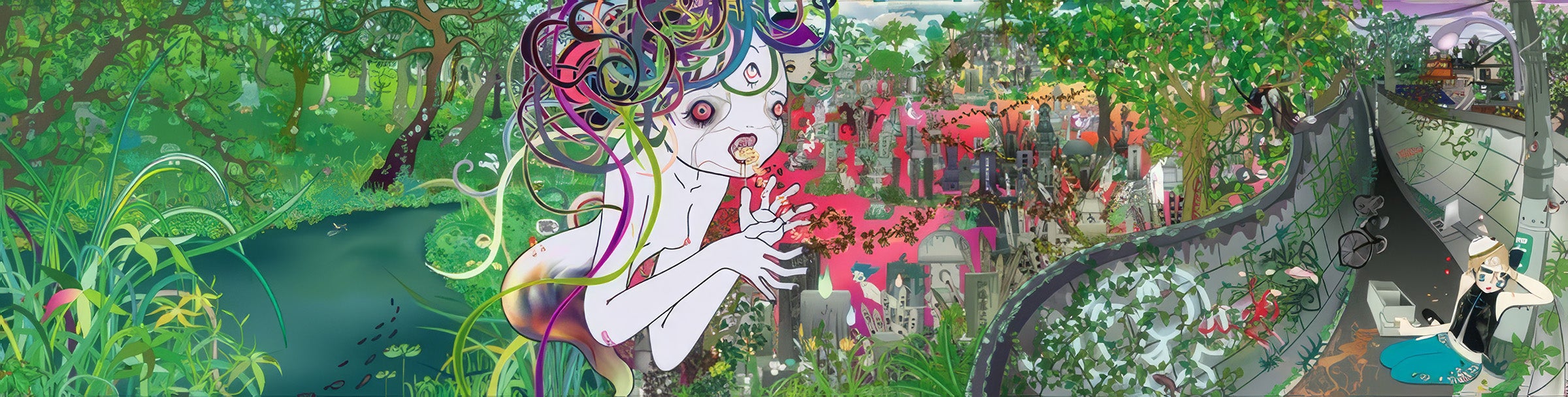 A panoramic, dreamlike digital illustration depicts a vibrant yet unsettling landscape. On the left, a lush green forest with a dark river flows, transitioning to a central, pale-skinned, androgynous figure with wild, colorful hair, bared teeth, and wide, red eyes. To the right, the scene shifts to a chaotic graveyard with intricate tombstones and a winding, overgrown road, where a small figure sits observing the scene.