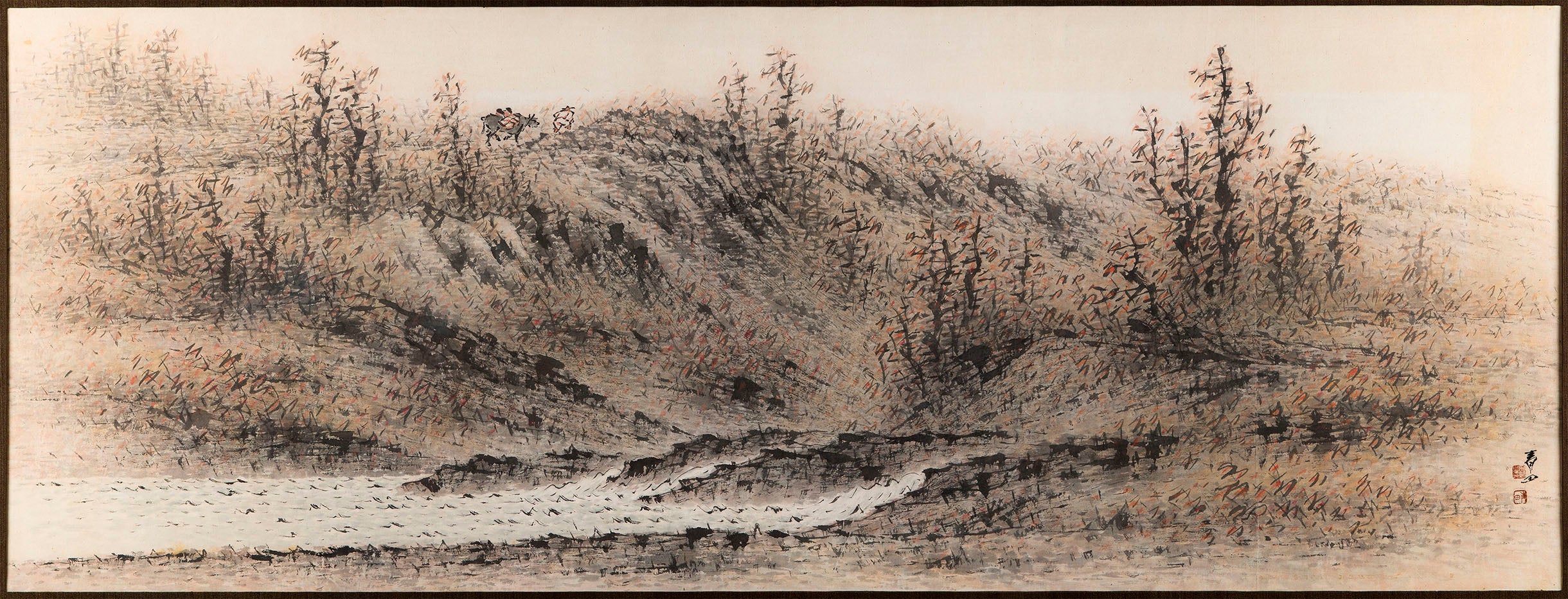 abstract landscape painting in hues of brown and grey.