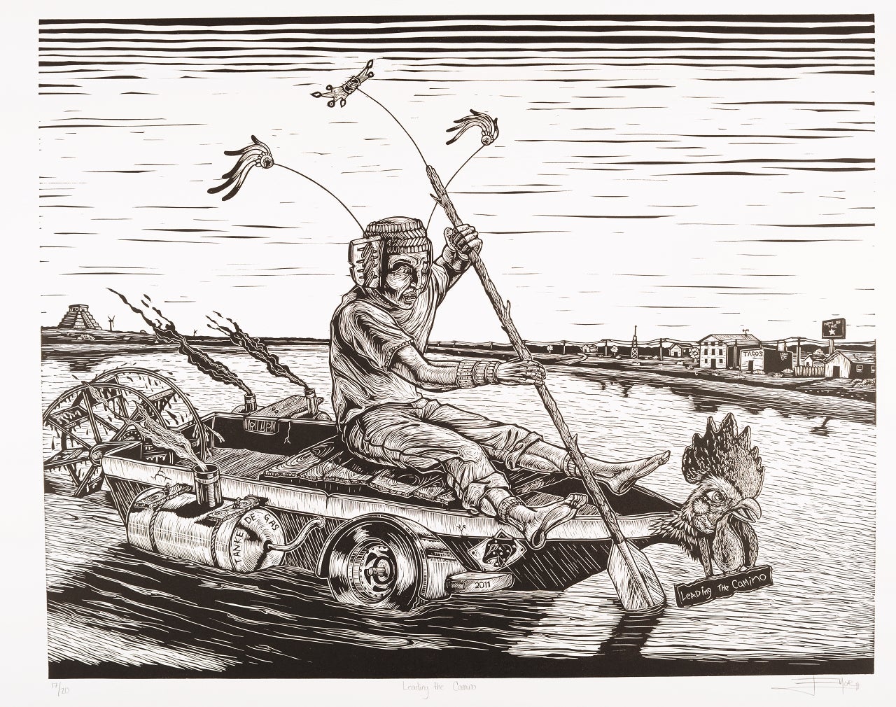 A detailed black-and-white print showing a stylized figure operating a makeshift motorized raft or airboat on a river. The man wears a decorated helmet with thin antennas or feathers extending from the top, and he holds a long wooden pole to navigate. The boat is retrofitted with car wheels on the side, a gas tank labeled "TANKE DE GAS," and a smoking engine exhaust pipe at the back. The front bow of the boat is shaped like a giant rooster's head, holding a small sign in its beak.