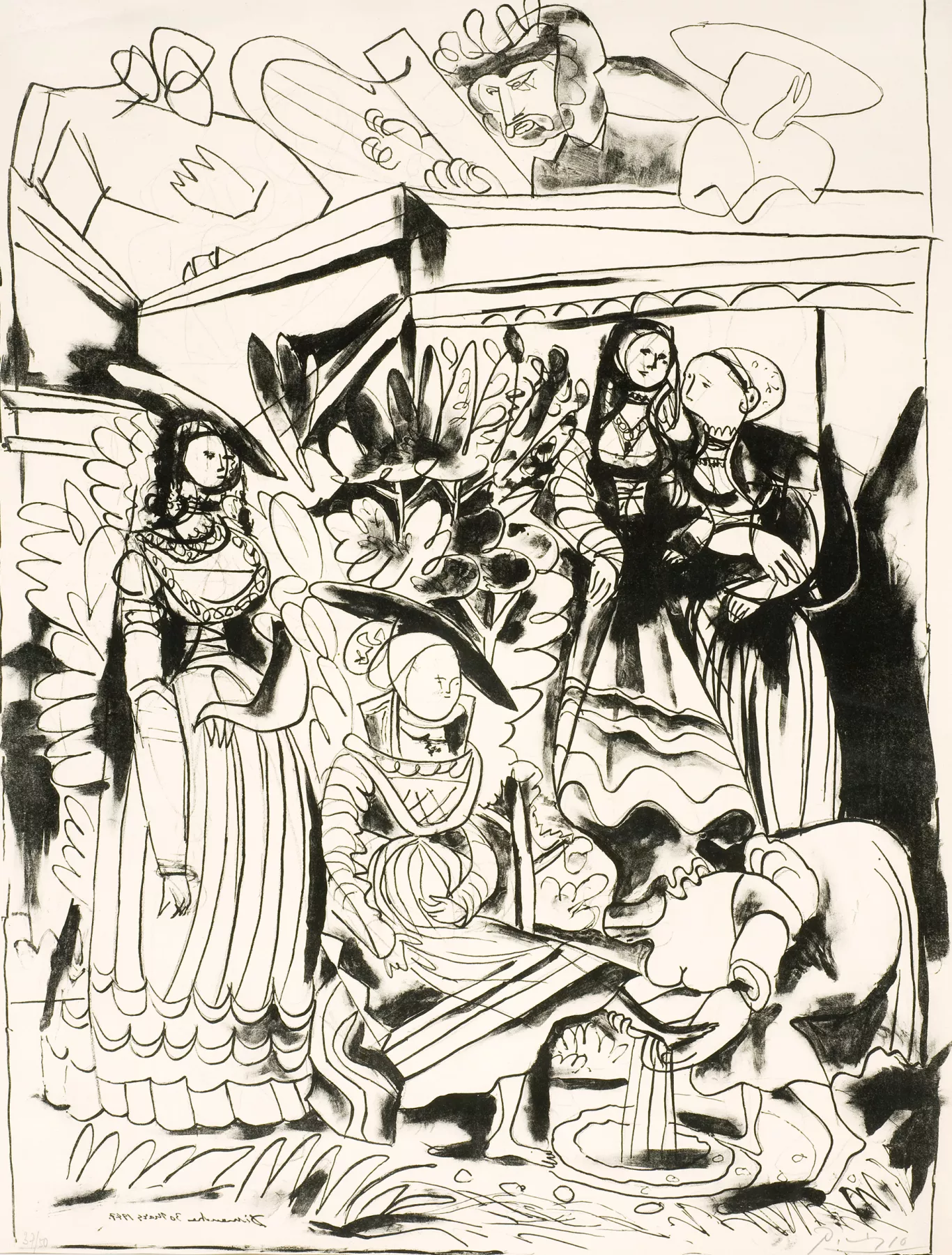 A black and white drawing with intricate line work, depicting several women in traditional attire surrounded by plants, with abstract figures and architectural elements above.