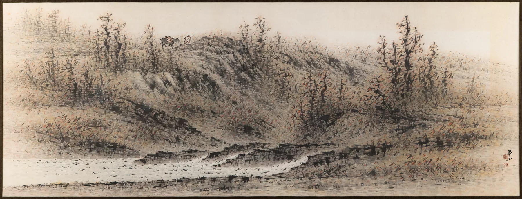 An abstract painting of a hillside with a river below. The colors are muted browns and yellows and black and the style is Asian. There is a small figure leading a cow on the hillside.