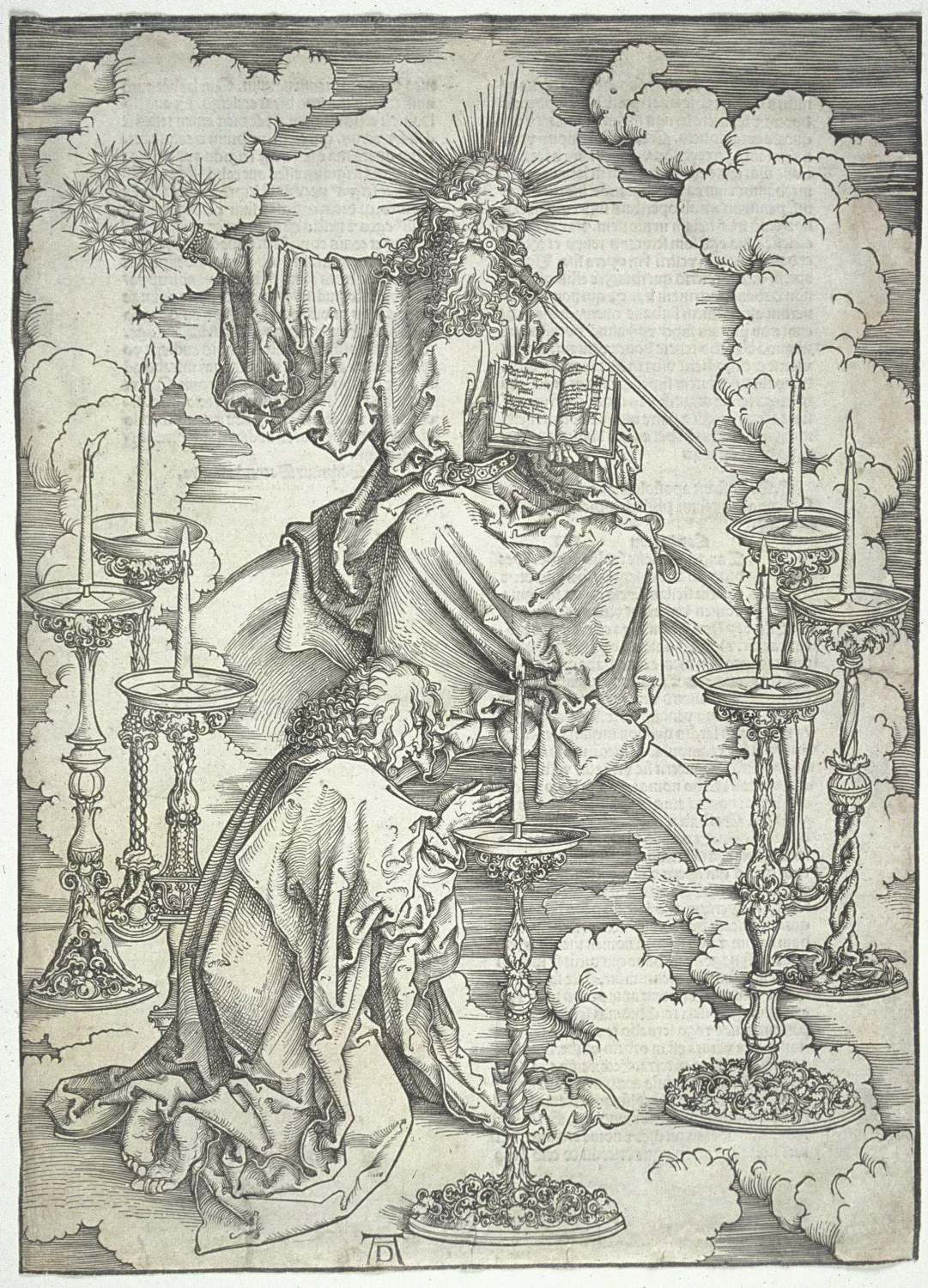 A detailed woodcut print depicting a biblical scene with a bearded figure holding an open book and a starburst, surrounded by candlesticks and an acolyte bowing below, against a backdrop of clouds.