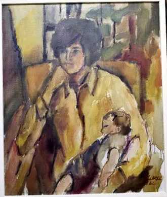 A watercolor painting of a woman in a yellow dress sitting with a baby on her lap.