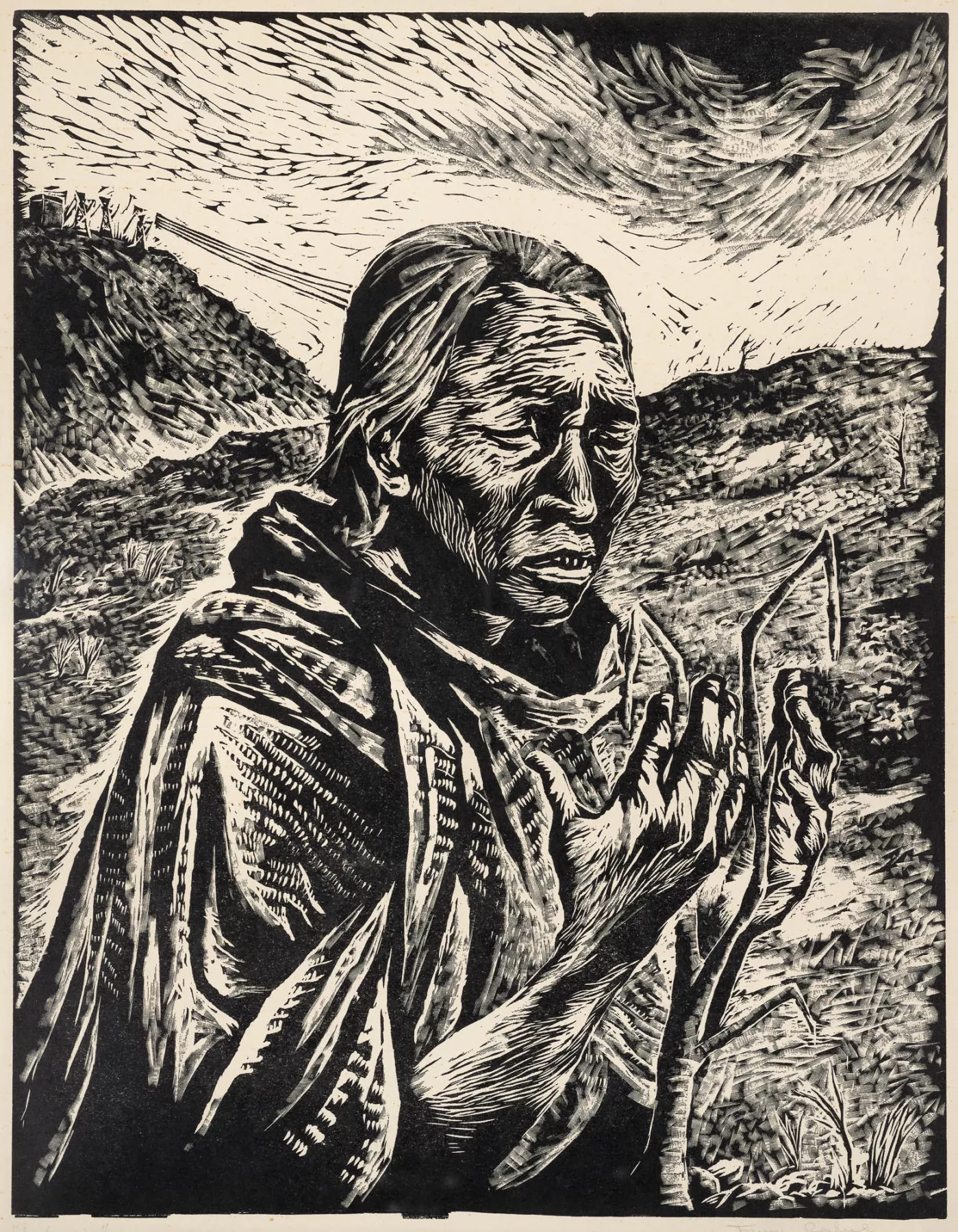 Engraving of an older person wearing a poncho looking with a pained expression at small dead tree between their hands