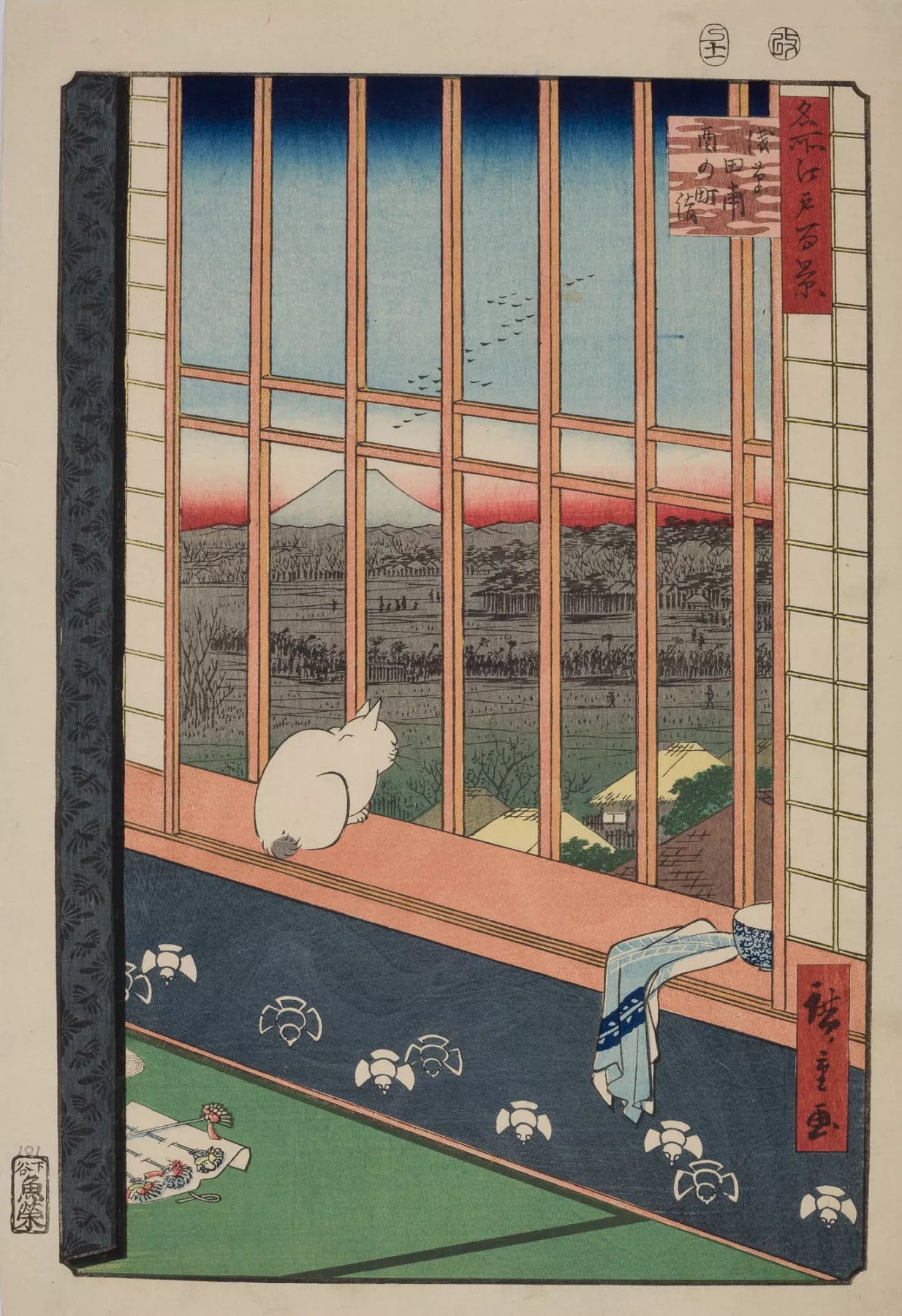 A Japanese woodblock print showing a white cat sitting by a window, gazing at a landscape with Mount Fuji in the distance. The view is framed by wooden lattice windows, with the interior decorated with a green floor and various items.