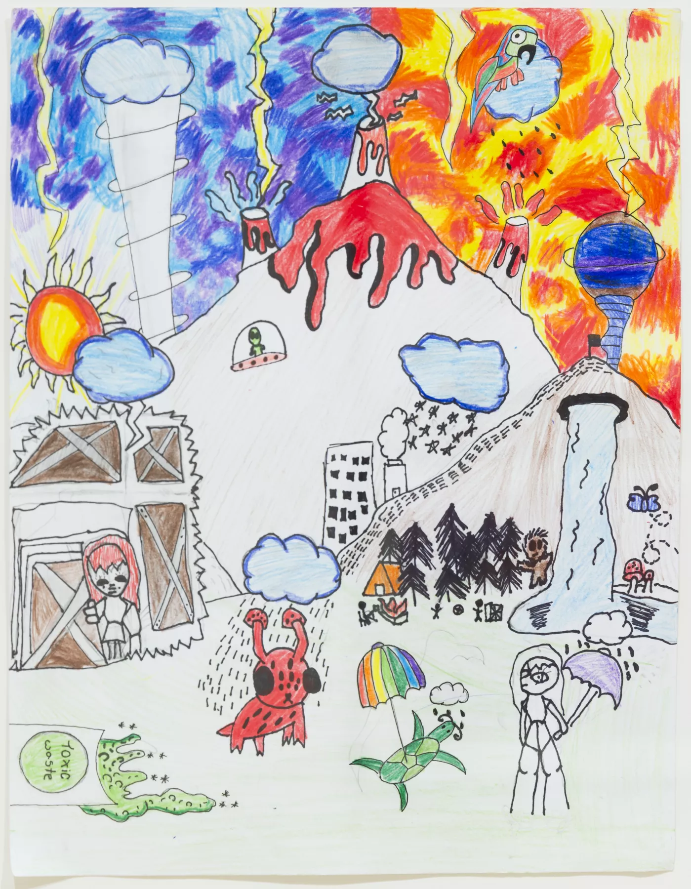 Child's drawing with many different natural disasters happening - a tornado, volcano, heat, rain, and toxic waste. There are various characters with umbrellas, including a turtle with a rainbow umbrella.