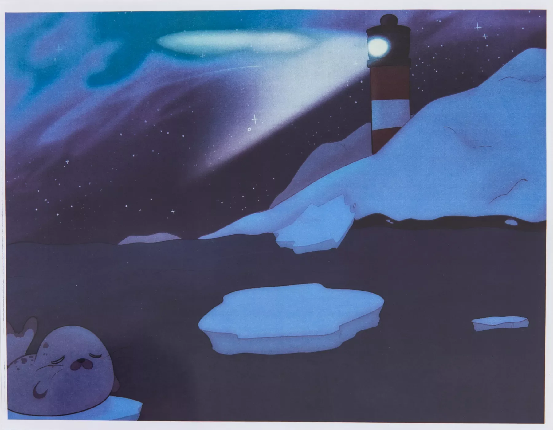 Painting of a cartoon seal on an iceberg with a lighthouse in the upper right on a snowy hill. The seal appears in distress, and the colors are very dark blues.