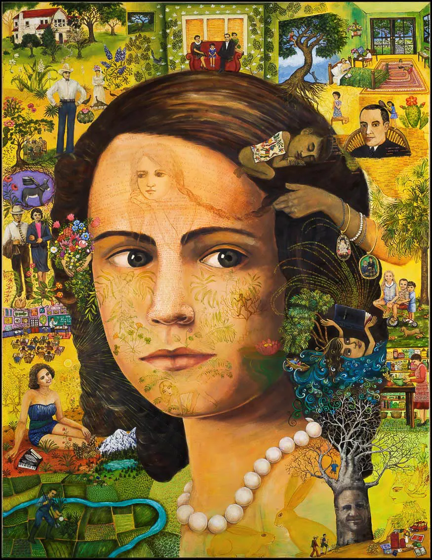 Portrait of a light-skinned young woman with shoulder-length brown and pearls surrounded by depictions of people performing a variety of everyday tasks. Some images are superimposed over her.