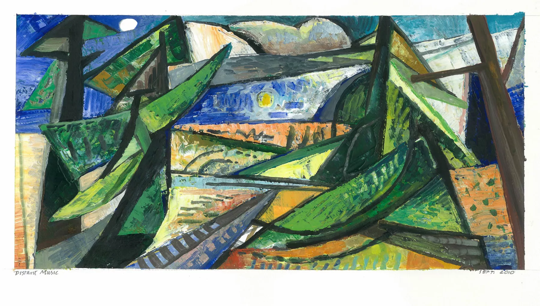 Abstract forest landscape in greens, oranges, blues, yellows, and whites