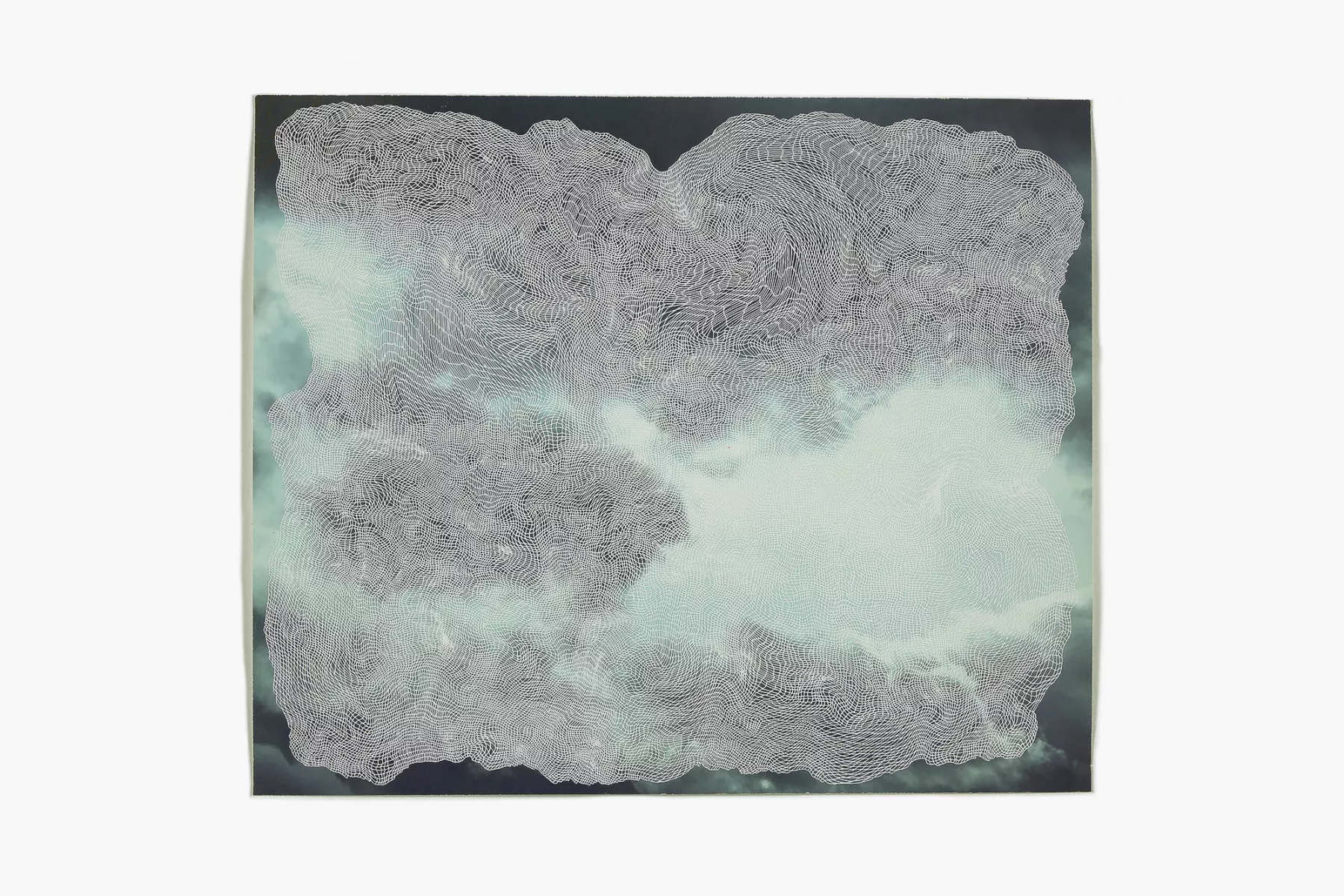 Abstract art piece with intricate white line patterns resembling topographical contours on a cloudy blue and gray background.
