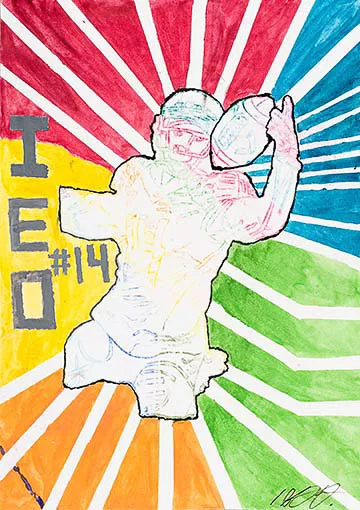 A colorful drawing of a football player in a dynamic pose, with radiating lines in various colors behind him and the text "IED #14" on the left side.