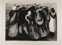 Large group of people walking away with long poles over their shoulders. The last woman faces the viewer wearing a white baby in a sling.