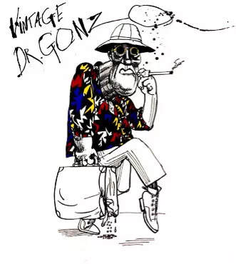 A cartoonish drawing of a man with sunglasses and a hat, wearing a colorful jacket and holding a bag, labeled 'Vintage Dr. Gonz'.