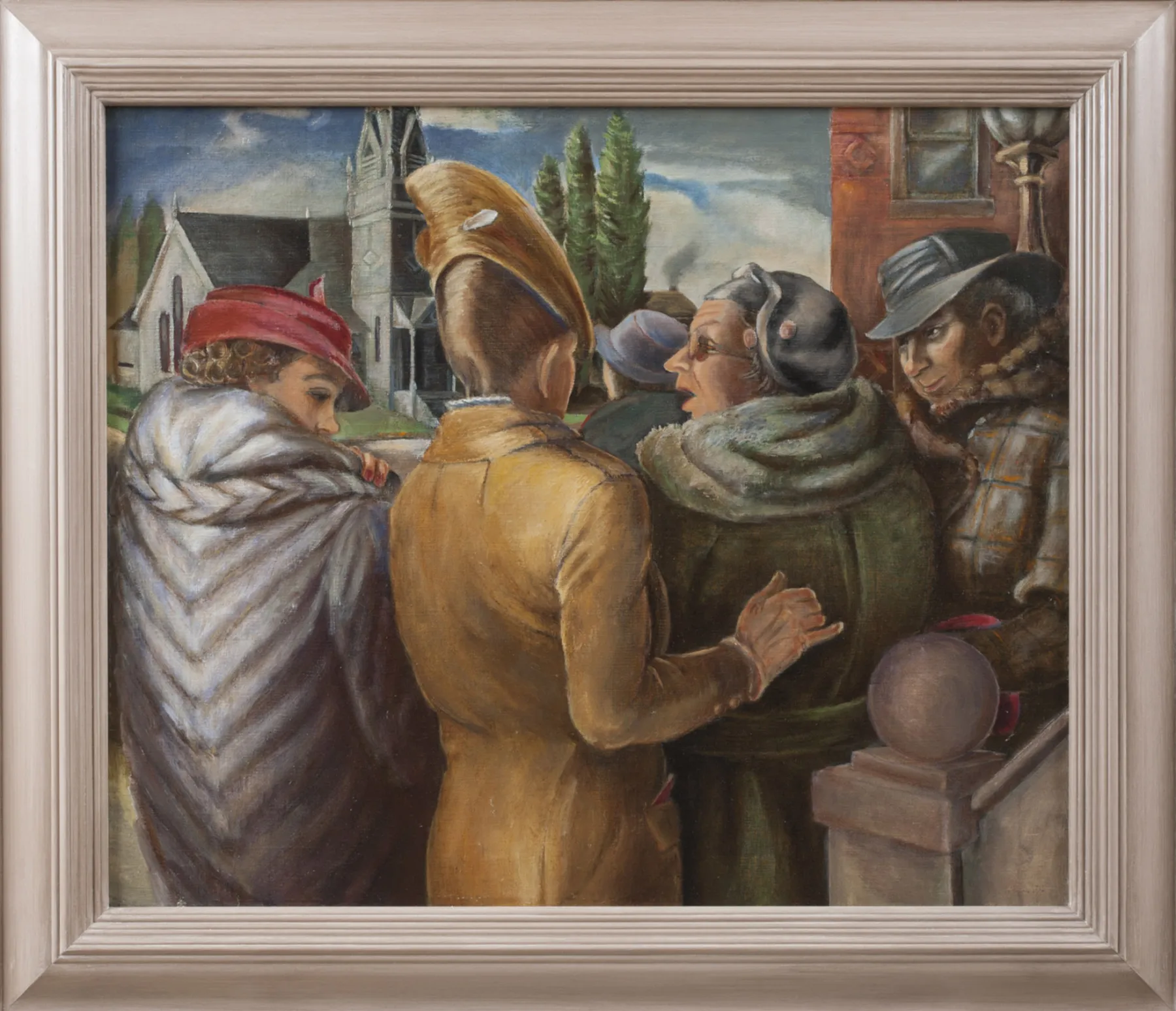 Oil painting depicting four people in outdoor clothing engaged in conversation on a sidewalk. A white clapboard church with a steeple is visible behind them, along with a brick building. The figures wear hats and coats, with muted colors dominating the scene.