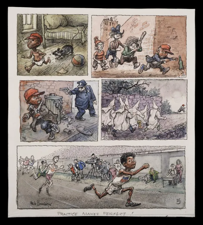A five-panel cartoon by Ollie Harrington titled "PRACTICE MAKES PERFECT!" The panels show a young Black boy learning to run, first from a rat, then from white bullies, then from a policeman, then from the Ku Klux Klan, and finally winning a track race as an adult.