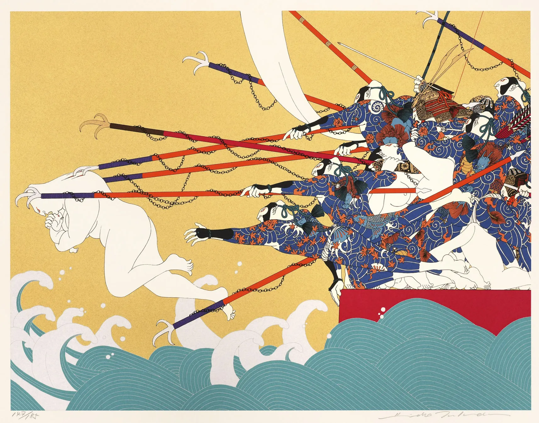 Stylized Japanese print showing a group of figures clustered on the right, wearing patterned blue garments and holding long red poles tipped with claw-like prongs. Chains connect the poles, which stretch diagonally across the composition. At left, a pale, simplified human figure is pulled forward through the air over curling teal-blue waves. The background is a flat gold field, emphasizing the graphic contrast between the figures, weapons, and stylized water below.