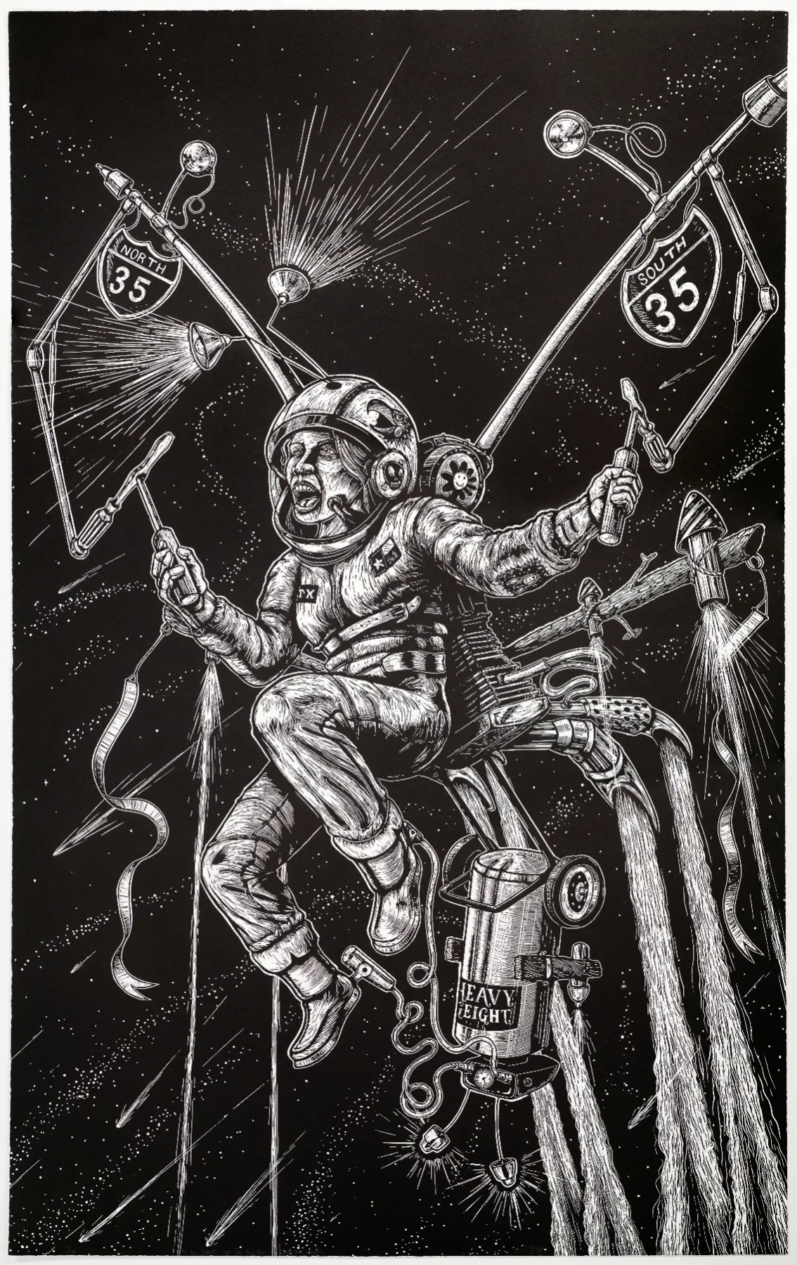 A dynamic black-and-white print depicting a woman in a spacesuit flying through a starry outer space environment. She is hooked into a complex, retrofitted jetpack assembly that fires multiple exhaust streams downwards. Extending from her rig are mechanical arms holding interstate highway shields that read "NORTH 35" and "SOUTH 35," alongside adjustable work lamps that illuminate her path. She holds a T-handle tool in one hand and a screwdriver in the other, shouting with an intense expression. Attached to the bottom of the jetpack is a tank labeled "HEAVY FREIGHT."