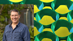 Collage of man with blue shirt against background of 3-d printed material