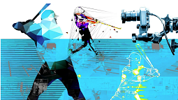 Graphic in blue and white of baseball player with camera