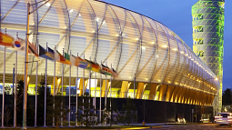 Hayward field at twilight with international flags