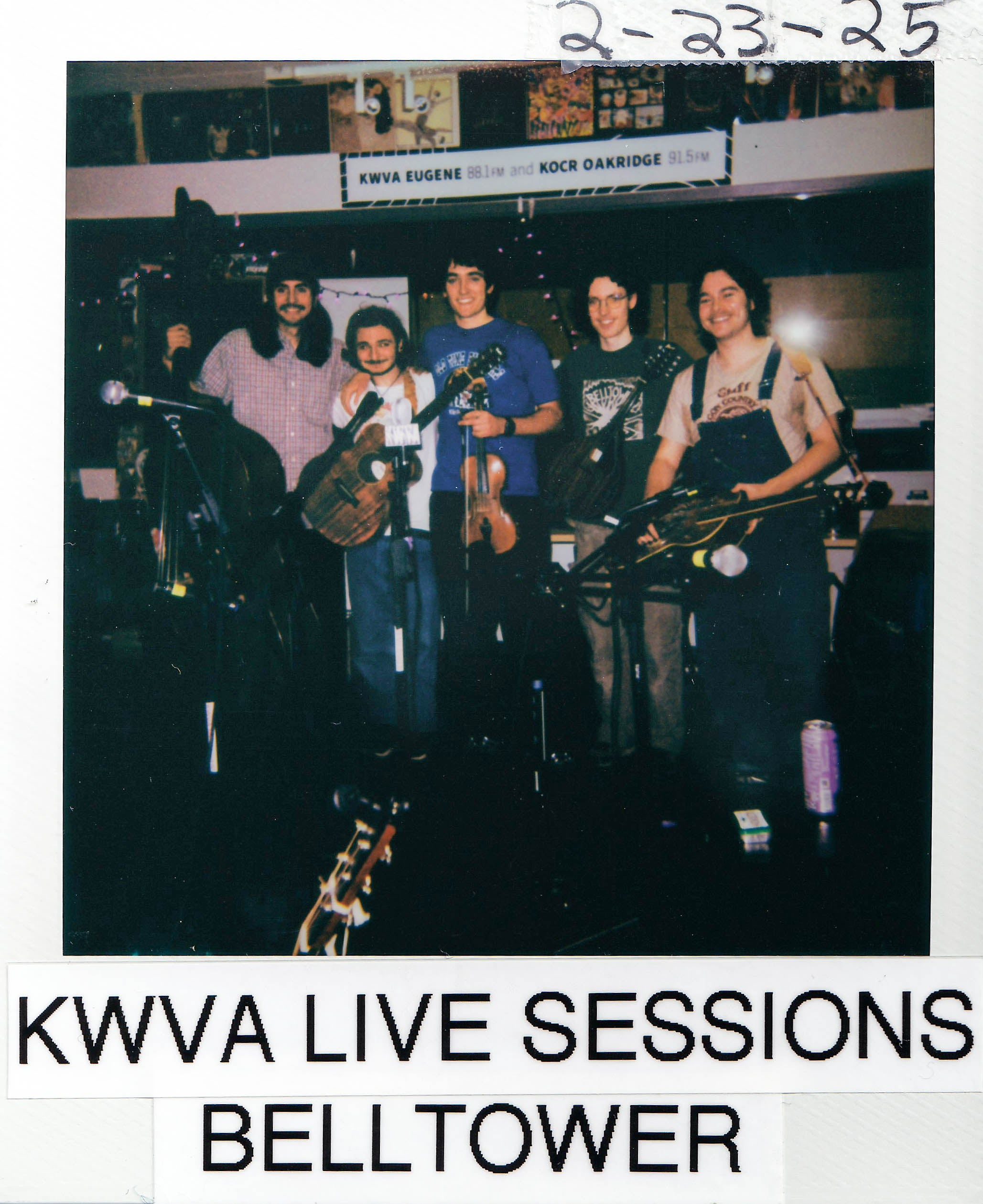 Polaroid photo reading "KWVA LIVE SESSIONS BELLTOWER 2-23-25" featuring the band Belltower posing in the KWVA studios