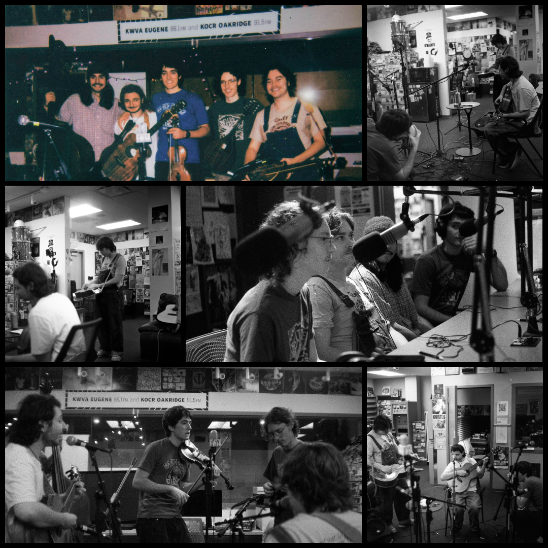 photo collage with black borders featuring the members of the band Belltower performing live in the KWVA studios