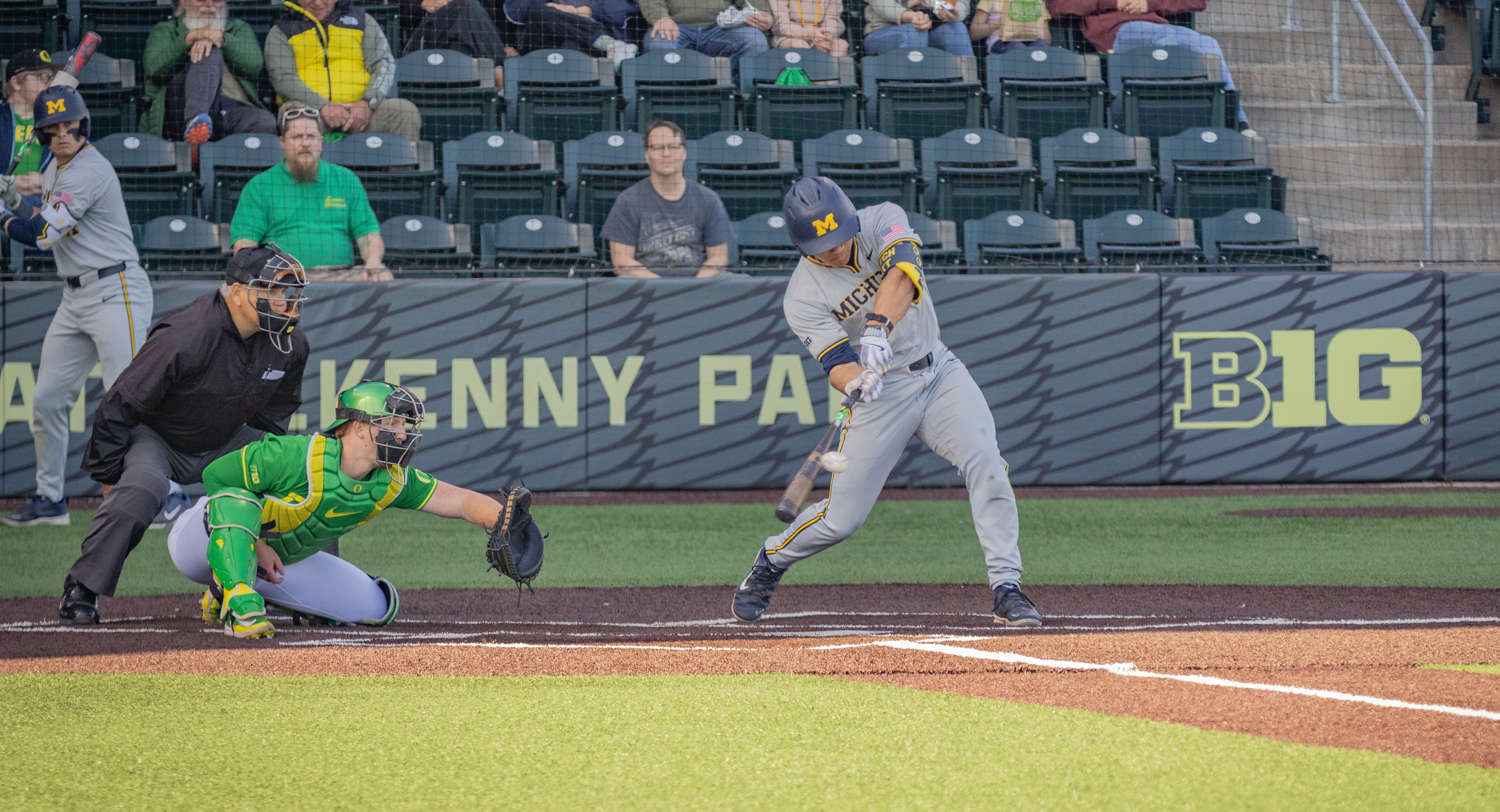 Michigan baseball player is up to bat against the Ducks at PK Park on Apr. 4, 2025.