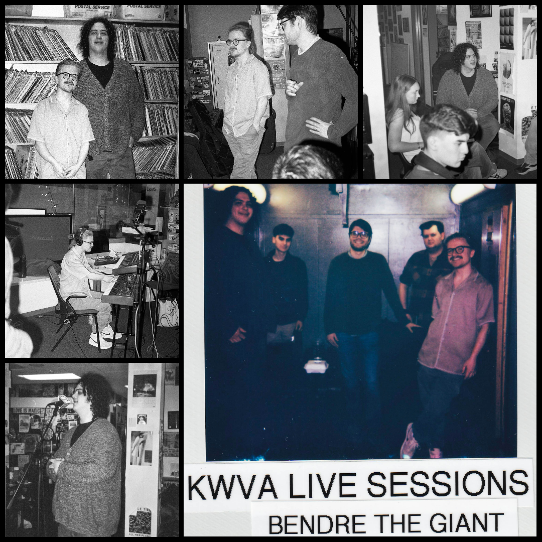 Photo collage featuring the members of the local eugene band Bendre the Giant performing and being interviewed live in the KWVA studios