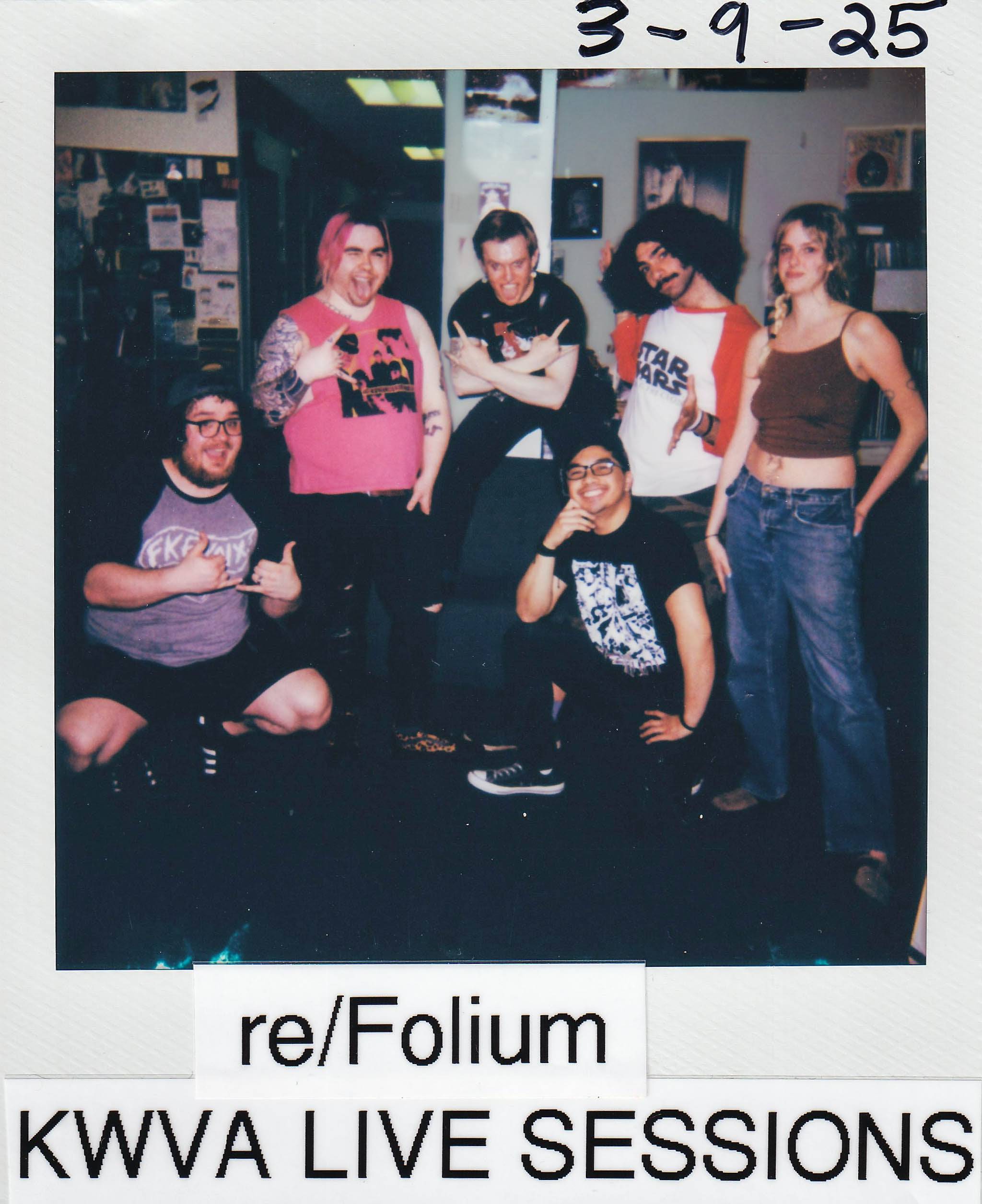 Polaroid photo reading "KWVA LIVE SESSIONS re/Folium 3-9-25" featuring the members of the band re/Folium posing in the KWVA studios.