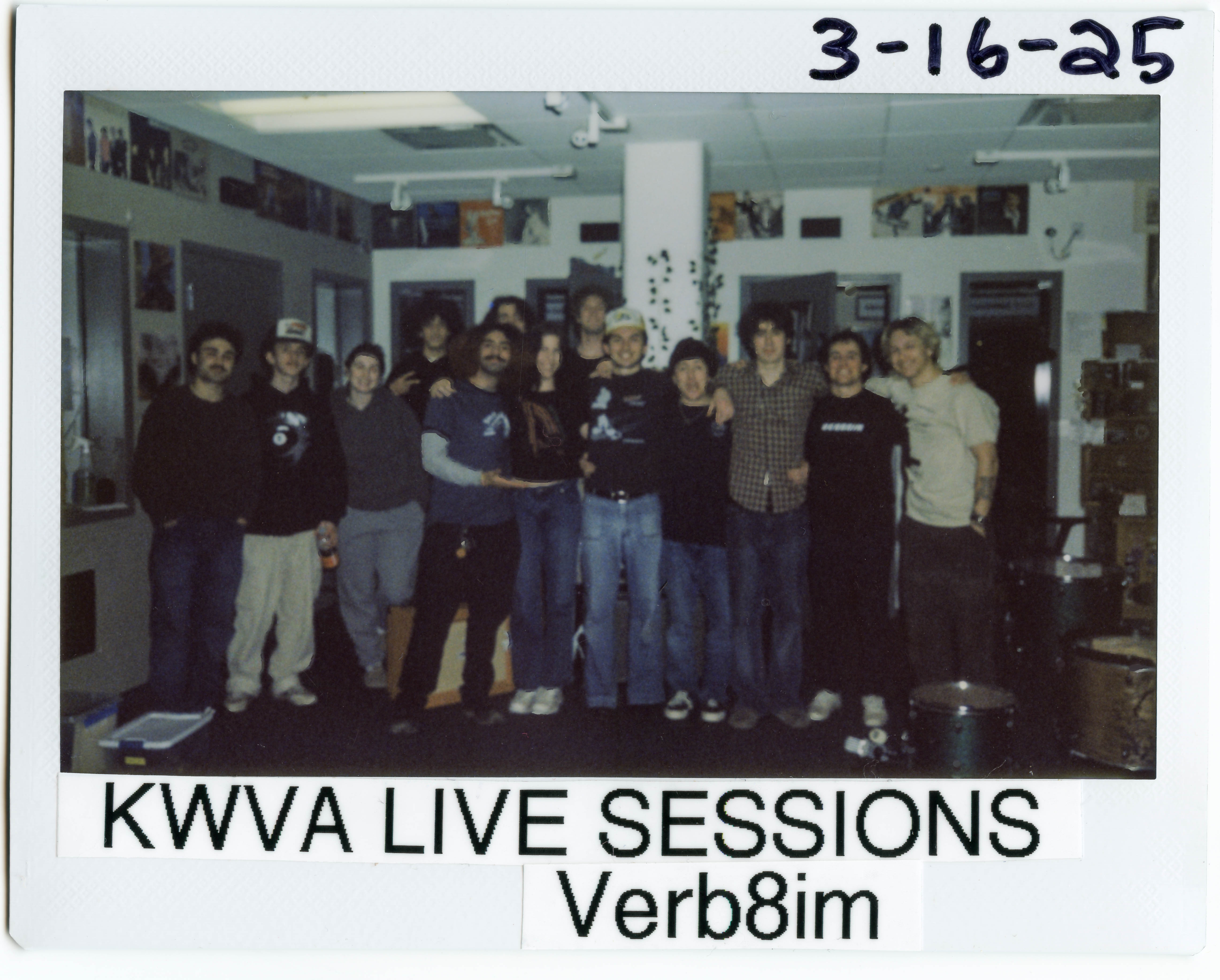 Polaroid picture featuring KWVA volunteers and the members of the band Verb8im posing in the KWVA studios