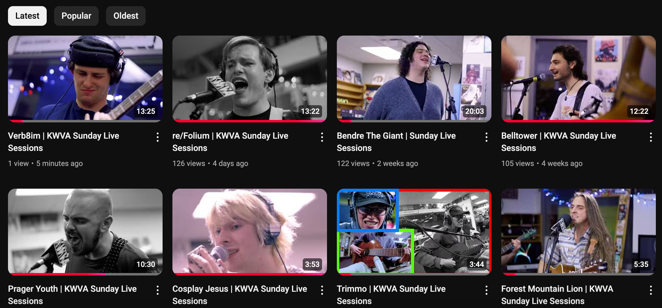 Screenshot showing videos on KWVA's Youtube Channel.
