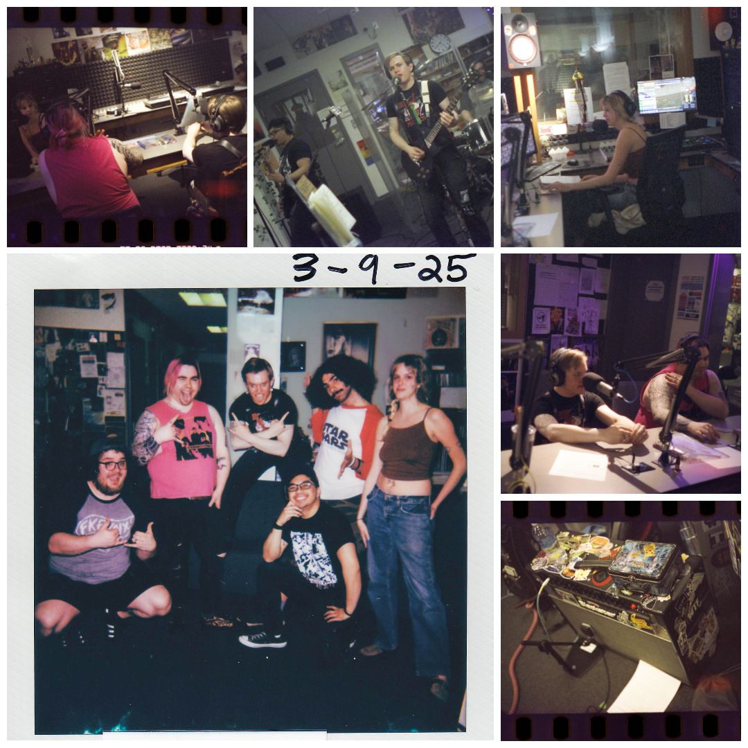 Photo collage of the band re/Folium performing in the KWVA studios.