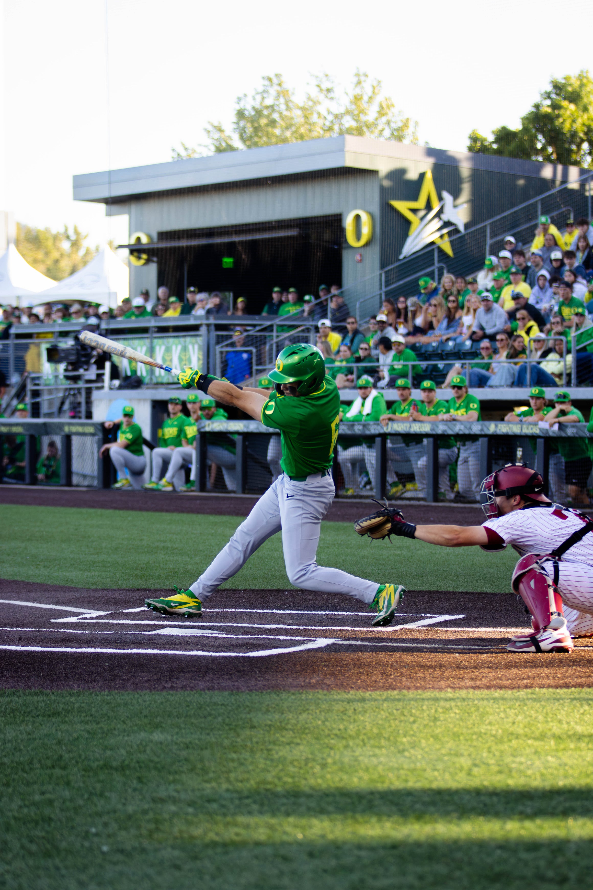 Oregon's Jack Brooks swings away during the Ducks 4-0 win over Washington State at the Eugene Regional