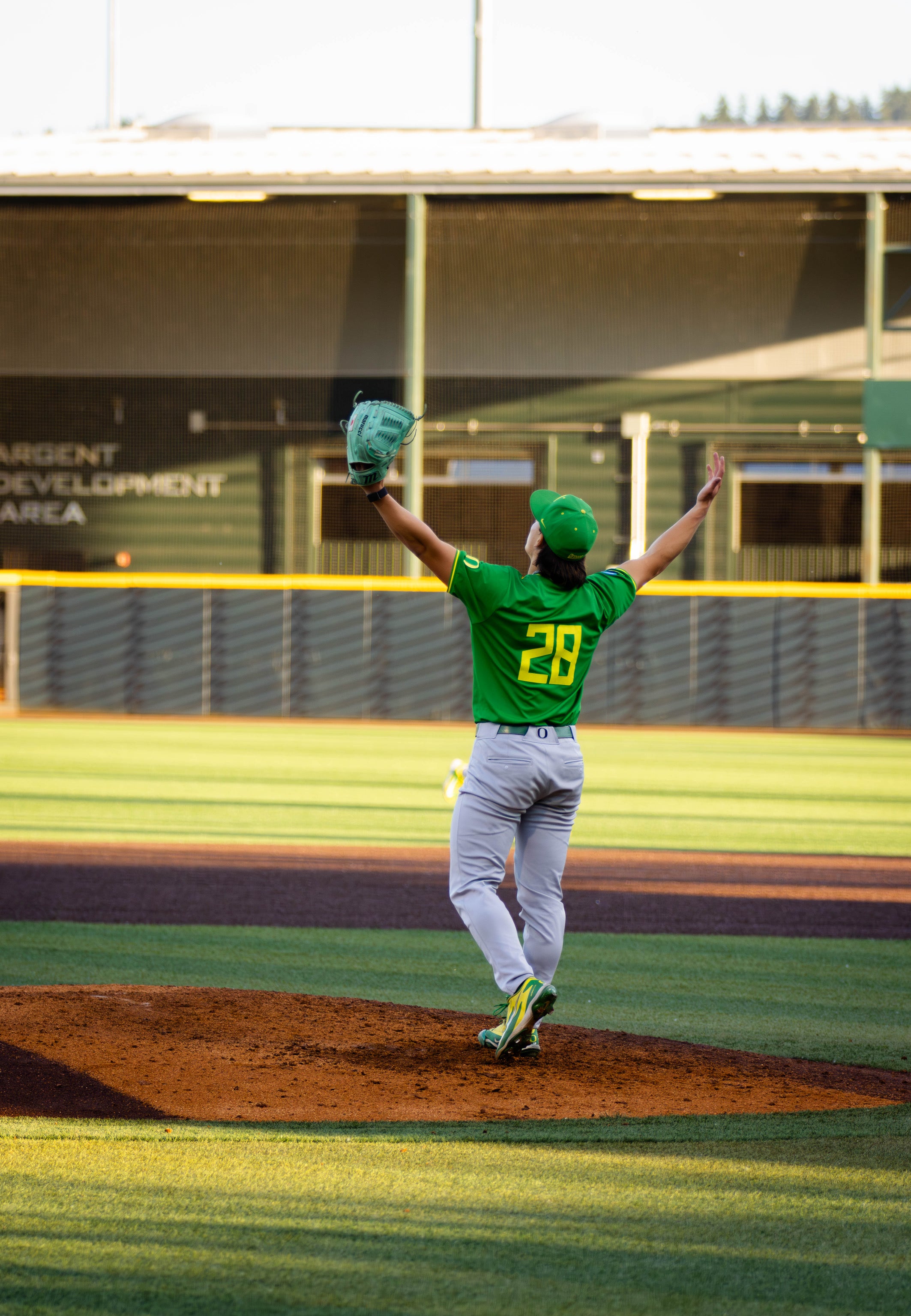 Oregon pitcher Will Sanford celebrates on the mound during his 14-strikeout win over Washington State at the Eugene Regional