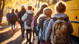 image of the backside of children beside a yellow school bus