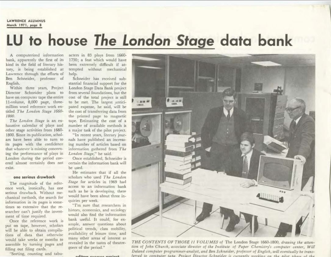 Lawrence Alumnus for March 1971. Headline reads: 'LU to house The London Stage data bank'