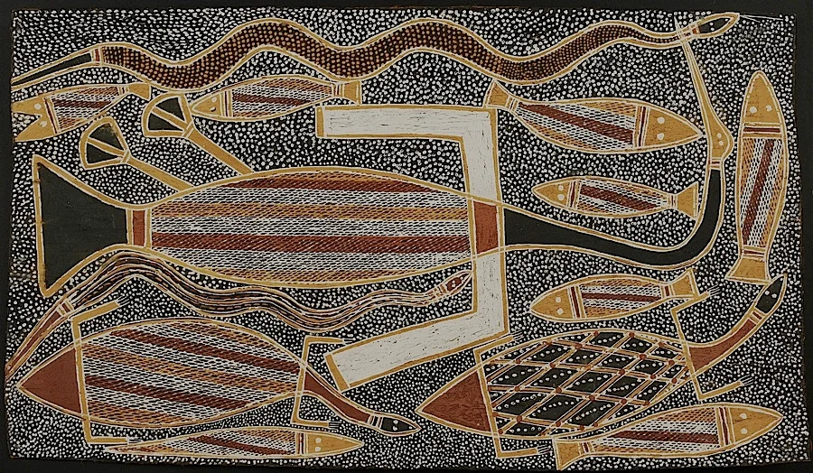 Bird, snake, lizards, and fish, Yirrkalla, Arnhem Land 30.5" x 17.75", Cat. No. 6-36