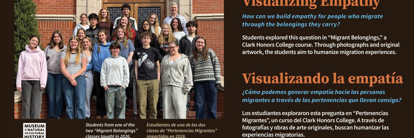 A panel in the museum with a picture of a UO class and the title "Visualizing Empathy"