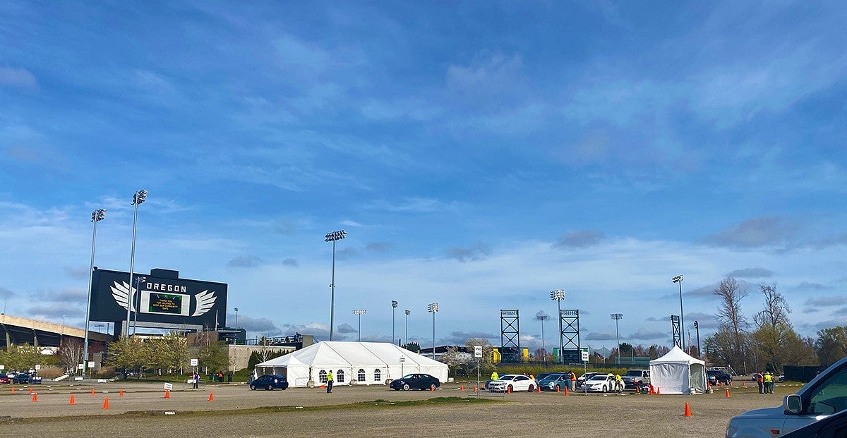A photo of the COVID-19 vaccination clinic at Autzen Stadium