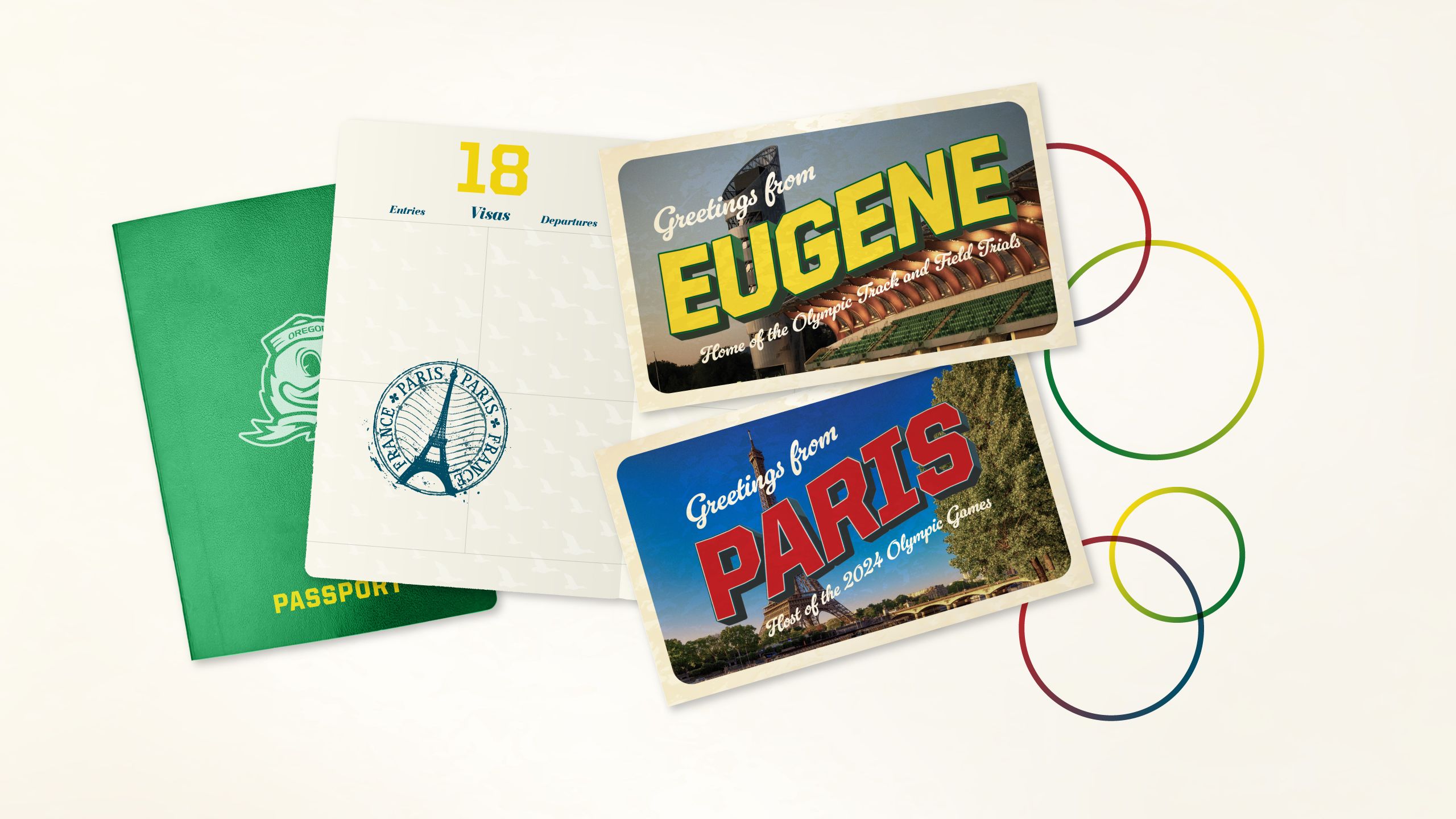 A collage of items including a passport with France stamp and postcards from Eugene and Paris