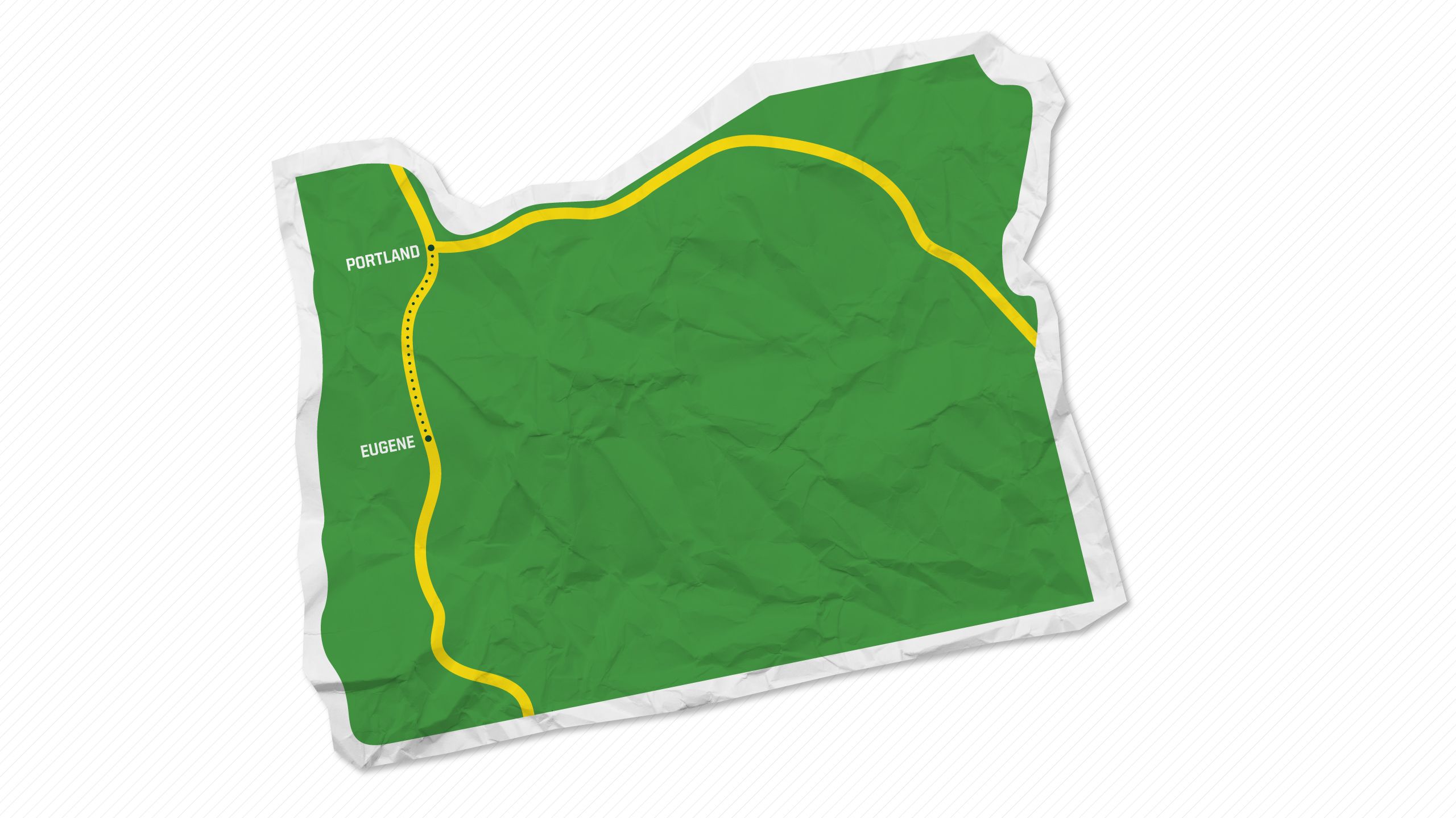 A simple map of Oregon highlighting Portland and Eugene