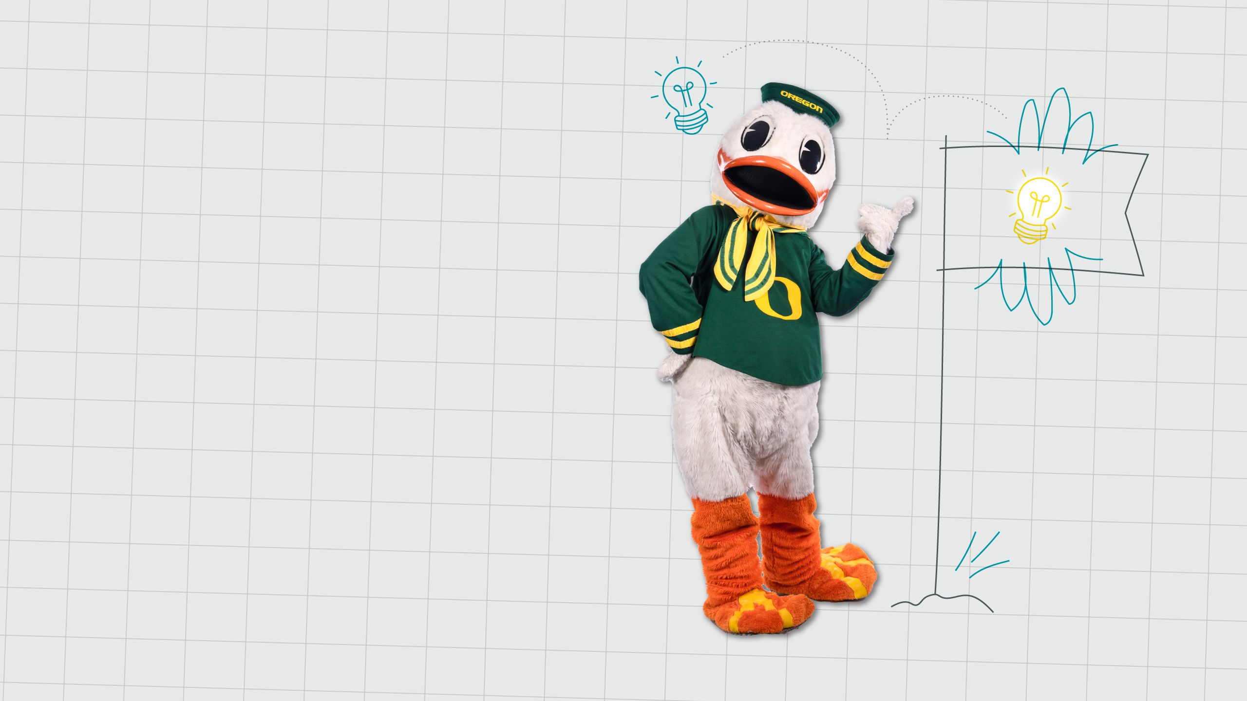 An image of the UO Duck mascot pointing to a hand-drawn flag with a lightbulb on it