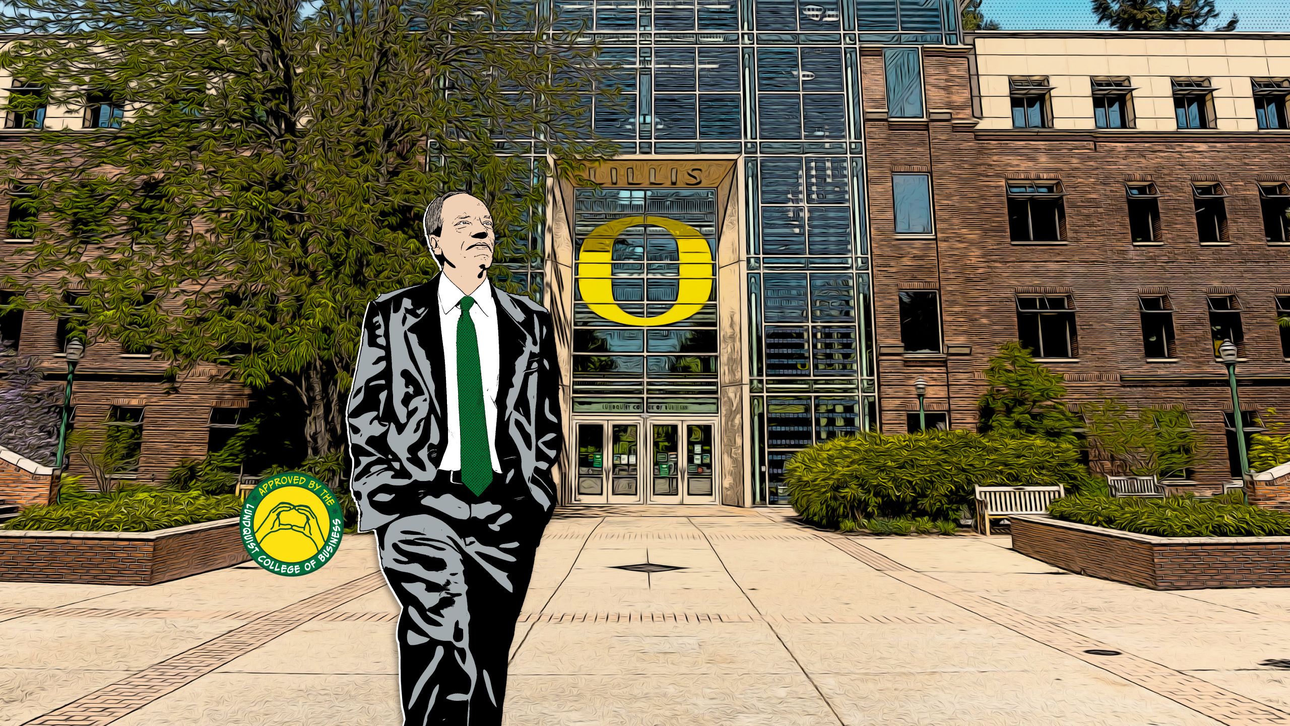 A comic book-style illustration of Bruce Blonigen walking in front of the Lillis Business Complex